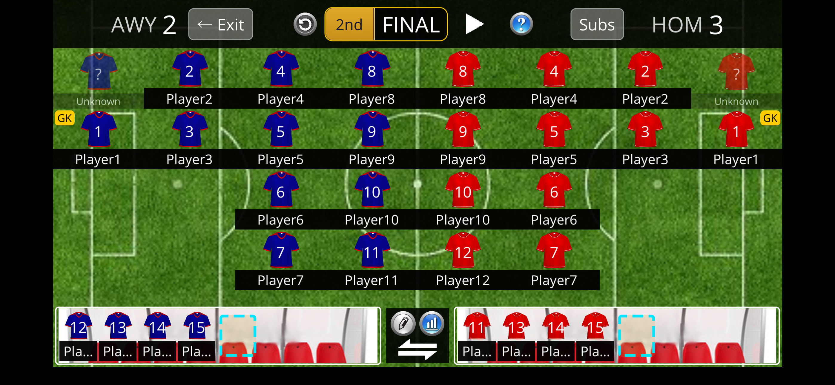 uTrack live game screen showing both teams on the field, score, and the substitution bench