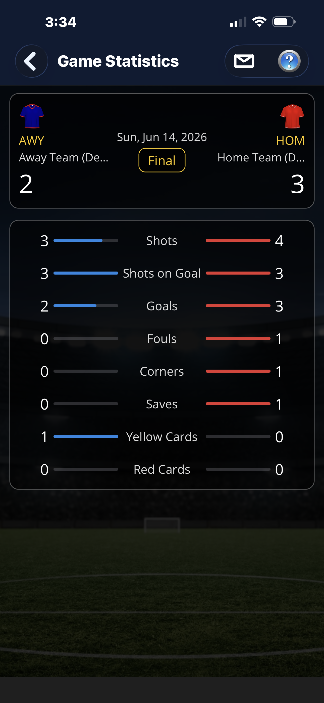 Game statistics comparison screen