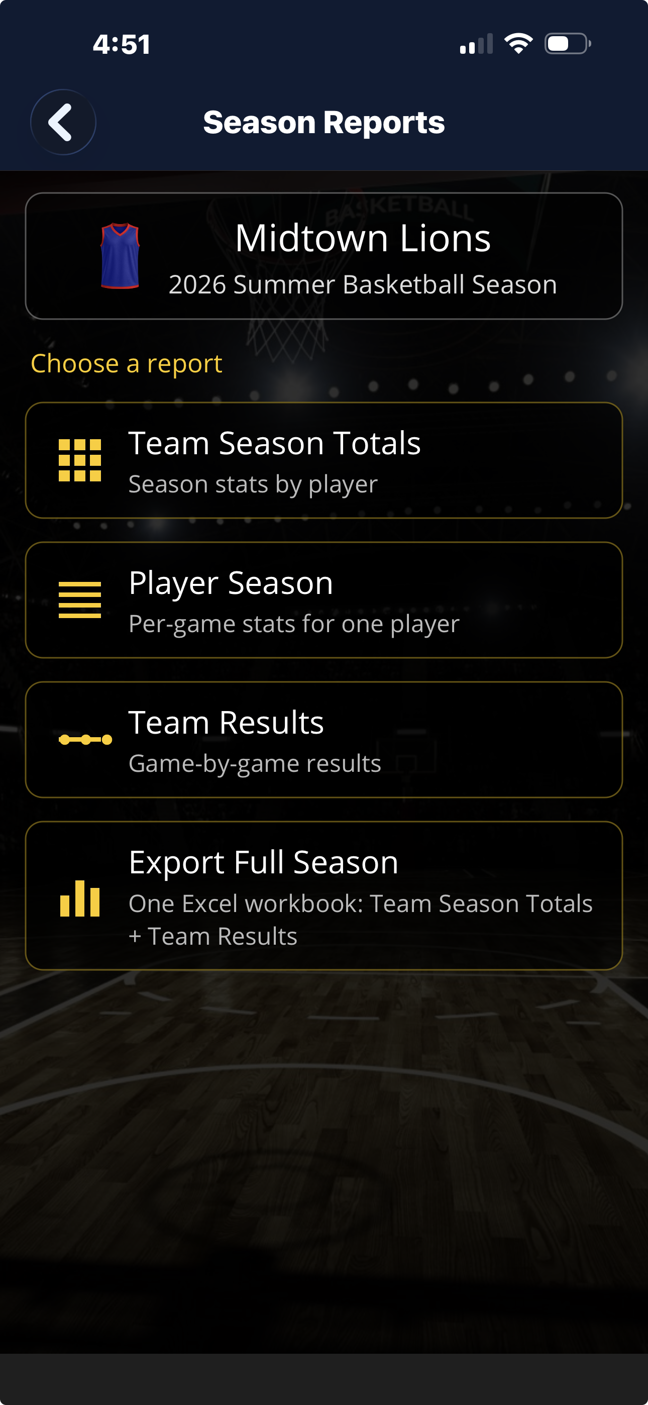 Season reports menu screen for choosing a report