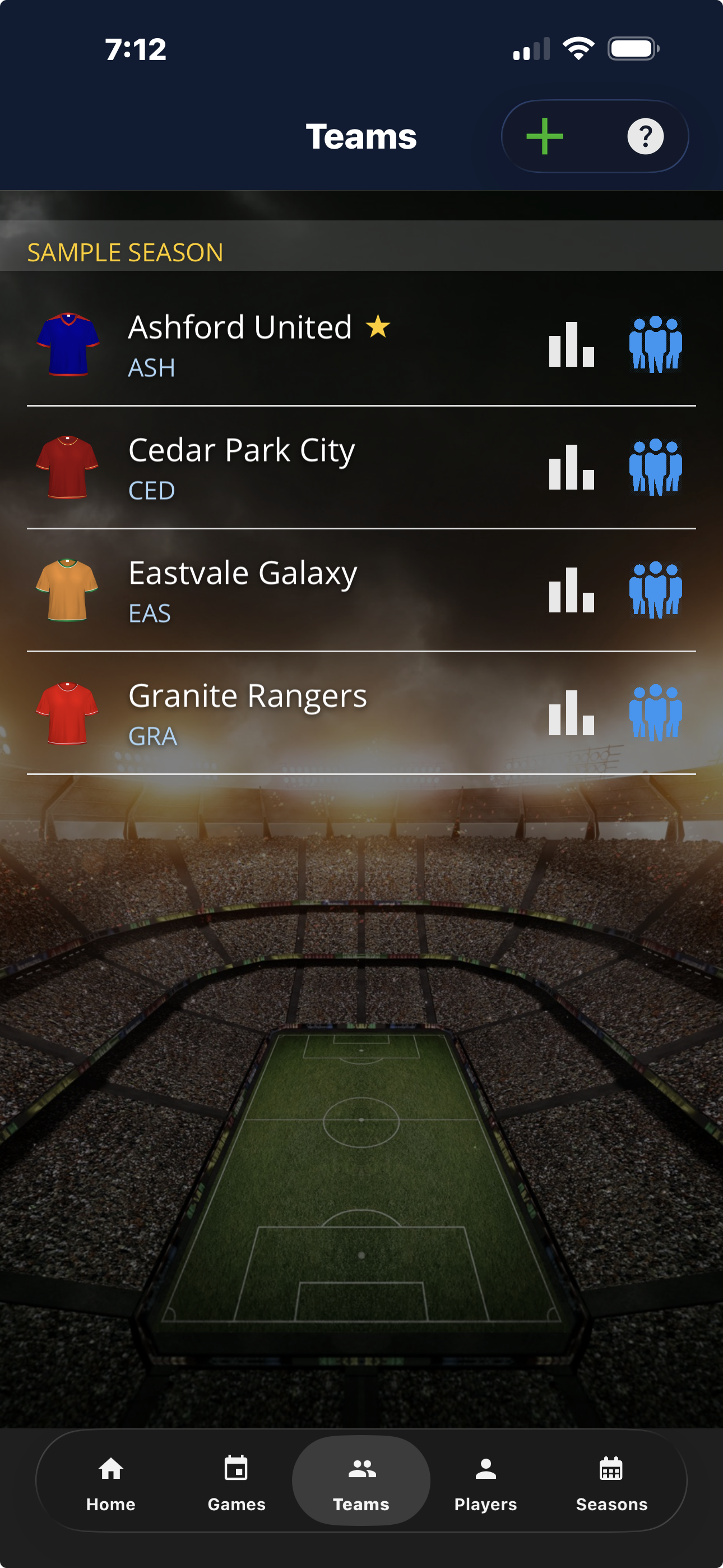 Teams screen listing all your teams, each with its own roster and season stats