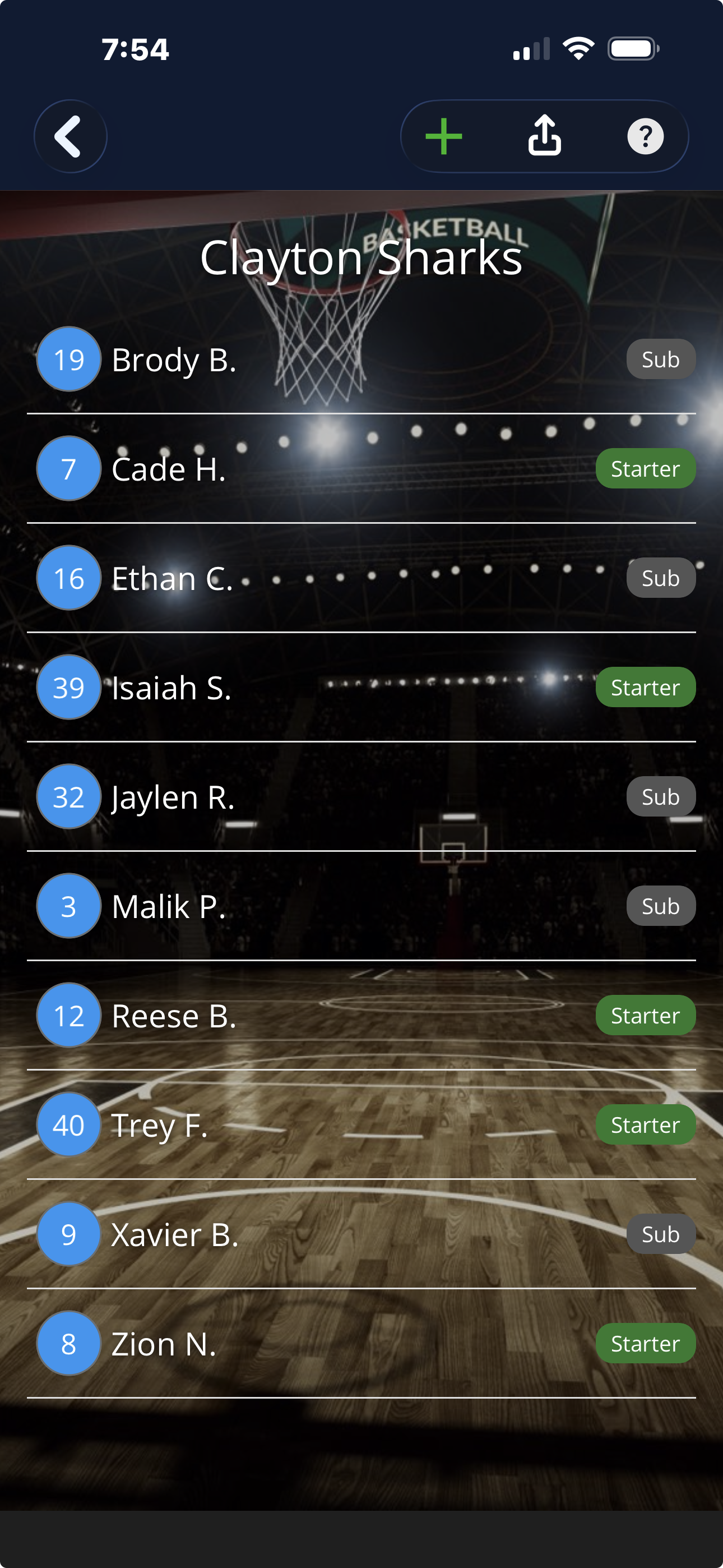 Roster screen showing squad numbers and which players are starting
