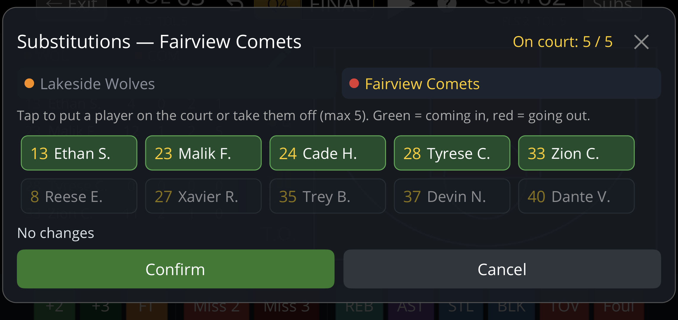 Basketball game manager with substitution bench open
